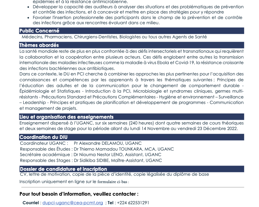 Diplôme d’Université en Prevention et Contrôle des Infections 2023-2024